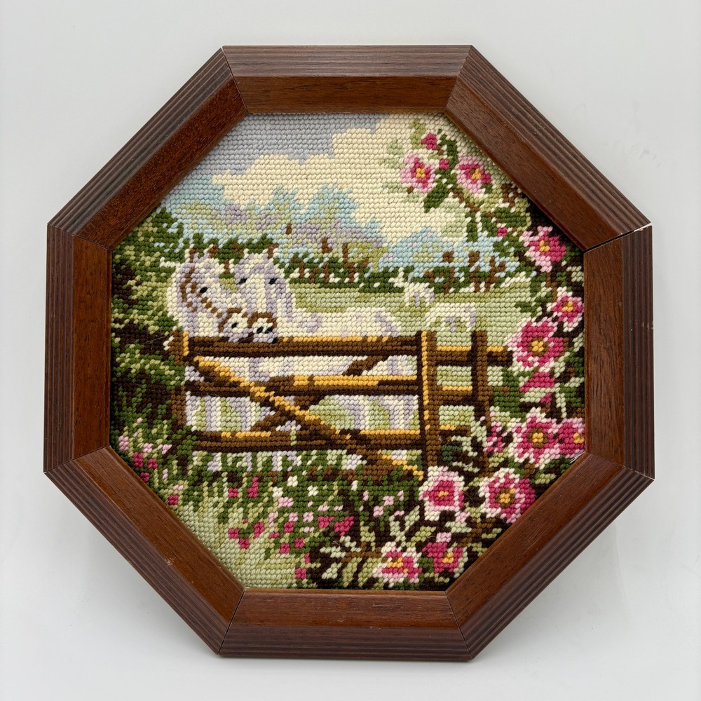 Vintage Handmade Needlepoint Horse Pasture Octagon Wood Frame Wall Art 11.5"